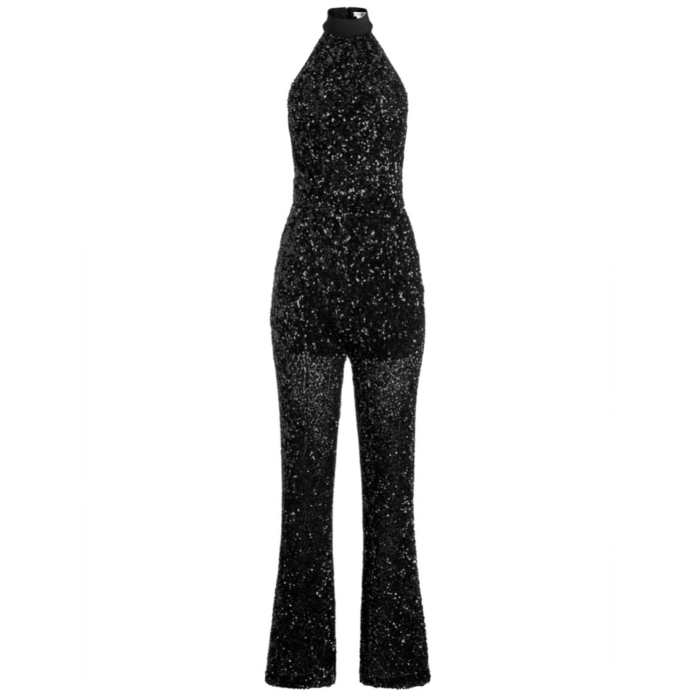 Alice + Olivia Black Sequin Halter Jumpsuit